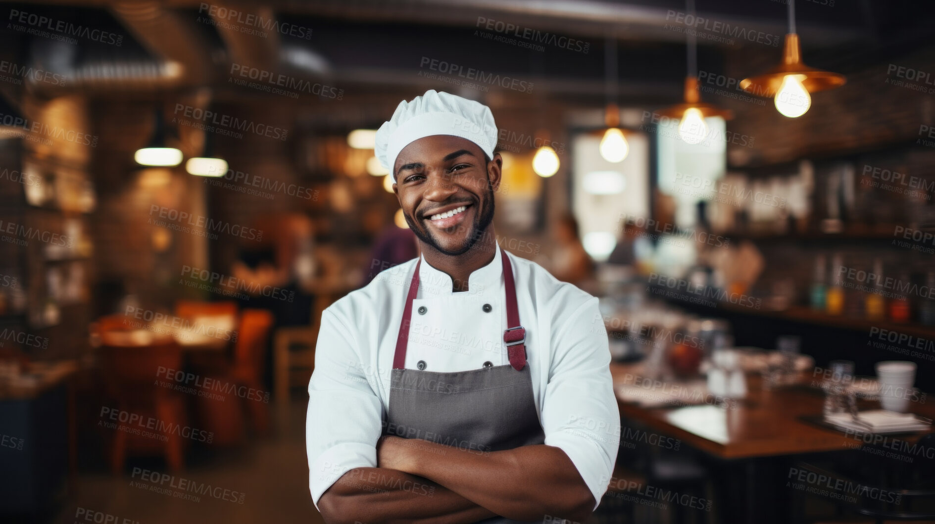 Buy stock photo Head Chef, male and portrait of business man standing arms crossed in a restaurant kitchen. Confident, skilled and professional worker looking at camera for owner, career or hospitality occupation