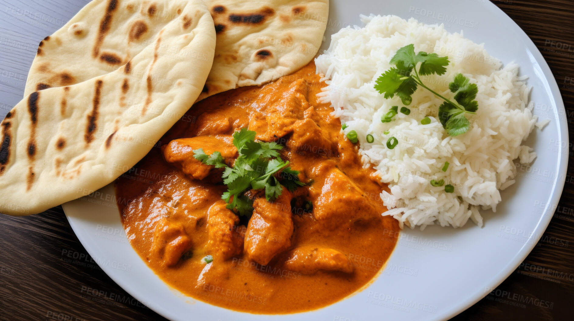 Buy stock photo Butter chicken, naan and food on a plate for chef, fine dining and dinner ideas. Food photography, meal and Indian or asian cuisine closeup for restaurant and traditional on a dark background