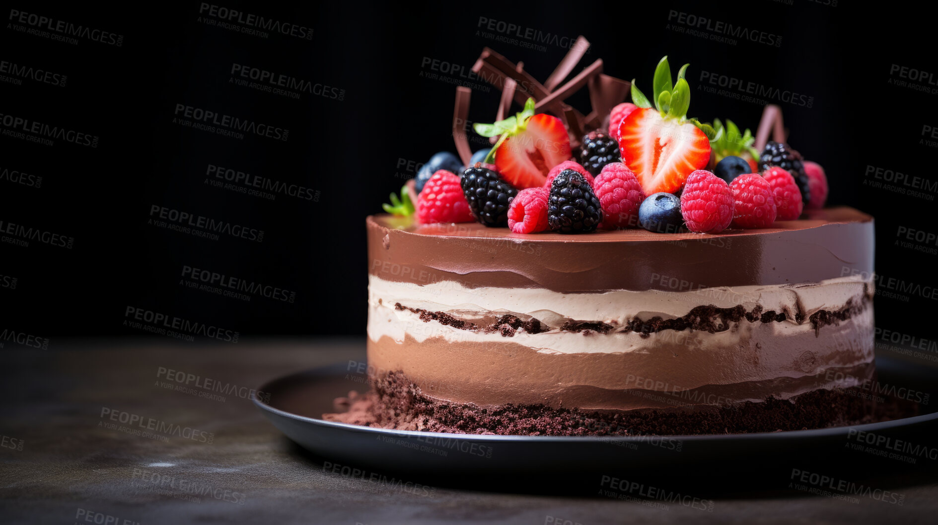 Buy stock photo Dessert, layered and chocolate mousse cake with raspberry toppings for celebration, party or event. Delicious, sweet and tasty pastry glazed with sauce for food photography or valentine anniversary