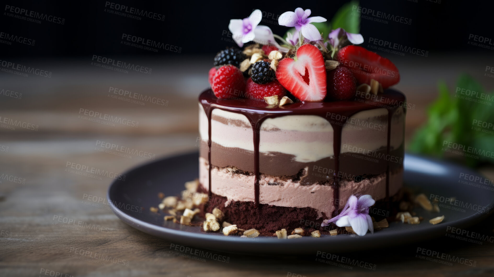 Buy stock photo Dessert, layered and chocolate mousse cake with strawberry toppings for celebration, party or event. Delicious, sweet and tasty pastry glazed with sauce for food photography or valentine anniversary