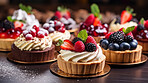 Various, birthday and lemon meringue tarts with colourful toppings for celebration, party or event. Sweet, delicious and tasty pastries with sprinkles and fruit for food photography on a black background