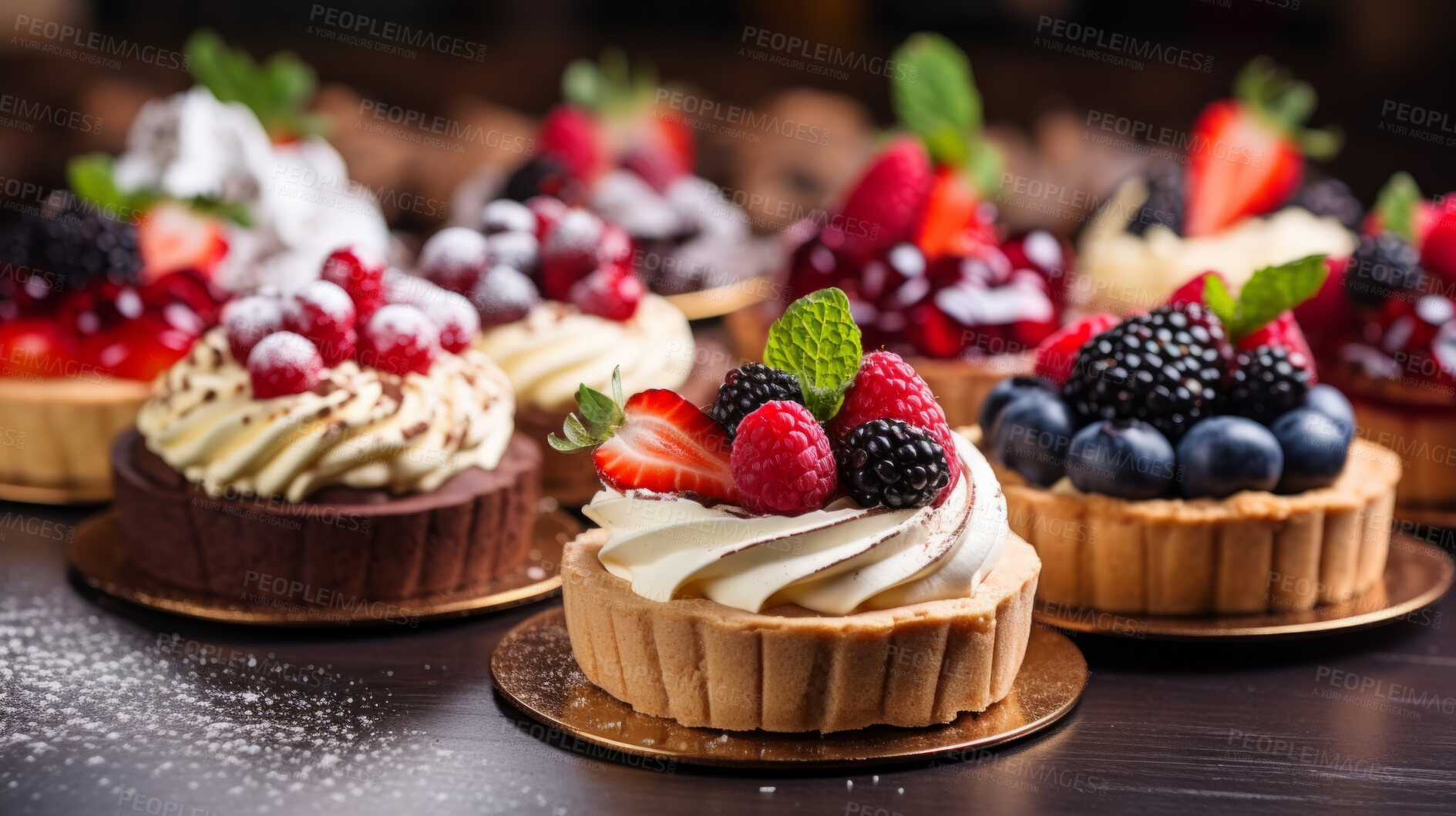 Buy stock photo Various, birthday and lemon meringue tarts with colourful toppings for celebration, party or event. Sweet, delicious and tasty pastries with sprinkles and fruit for food photography on a black background