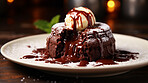 Dessert, lava cake and ice-cream with chocolate sauce for celebration, party or event. Sweet, delicious and tasty pastries with powdered sugar for food photography on a dark studio background