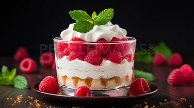Dessert, layered and traditional trifle treat with whipped cream or raspberry toppings for celebration, party or event. Delicious, sweet and tasty pastry for food photography or valentine anniversary