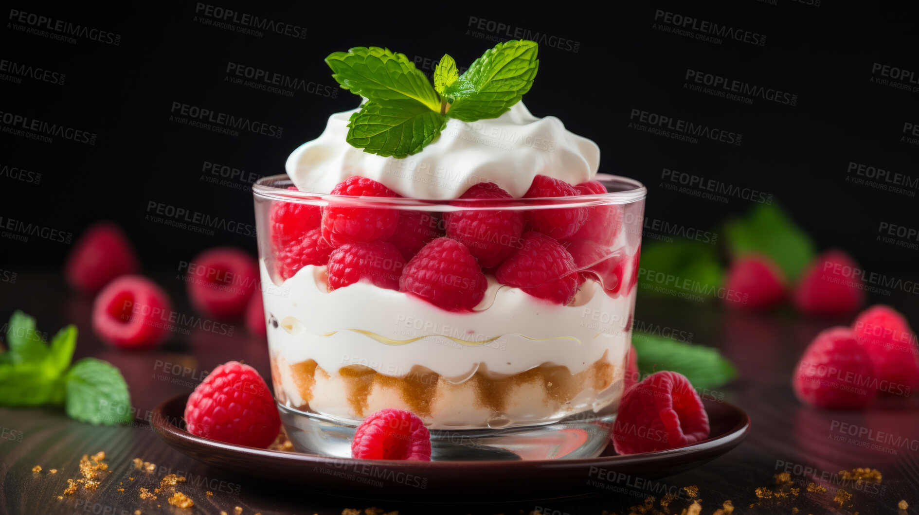 Buy stock photo Dessert, layered and traditional trifle treat with whipped cream or raspberry toppings for celebration, party or event. Delicious, sweet and tasty pastry for food photography or valentine anniversary