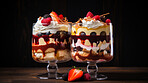 Dessert, layered and traditional trifle treat with whipped cream or strawberry toppings for celebration, party or event. Delicious, sweet or tasty pastry for food photography or valentine anniversary
