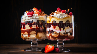 Dessert, layered and traditional trifle treat with whipped cream or strawberry toppings for celebration, party or event. Delicious, sweet or tasty pastry for food photography or valentine anniversary