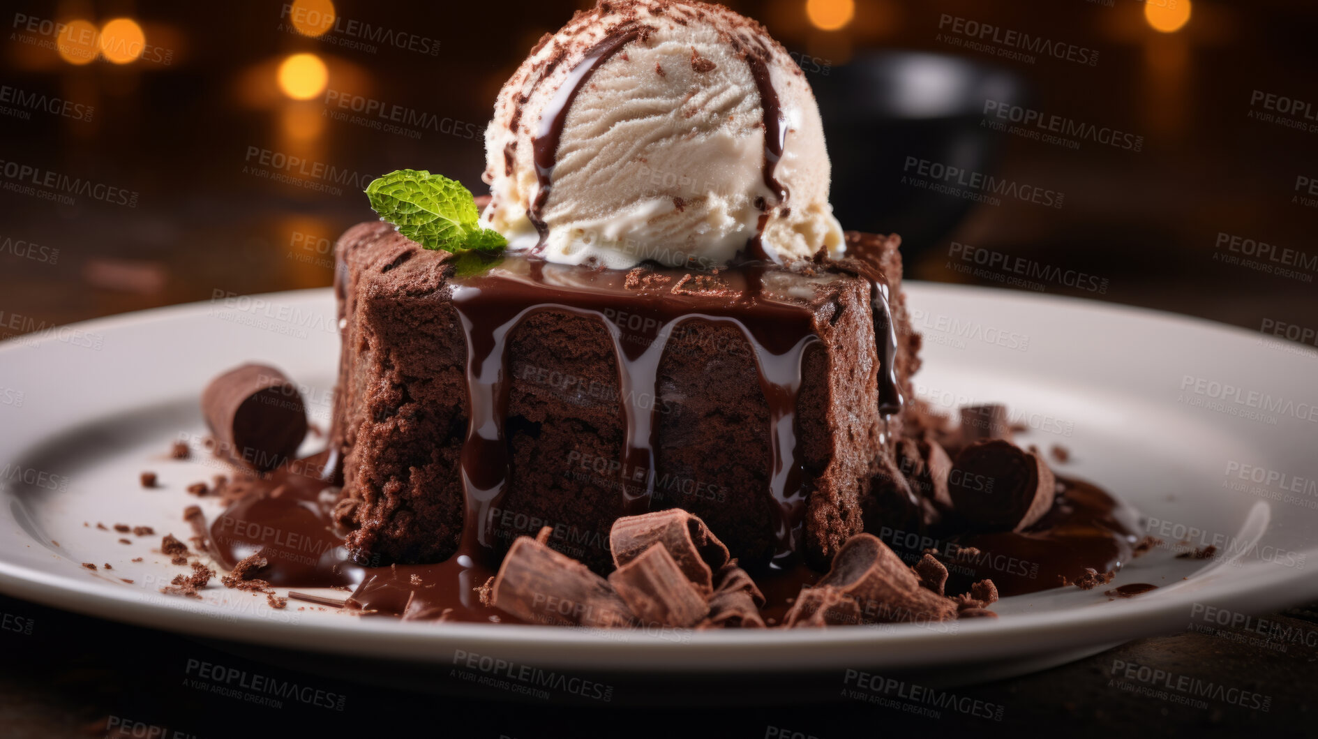 Buy stock photo Dessert, brownie and ice-cream with chocolate sauce for celebration, party or event. Sweet, delicious and tasty pastries with mint and fruit for food photography on a dark studio background