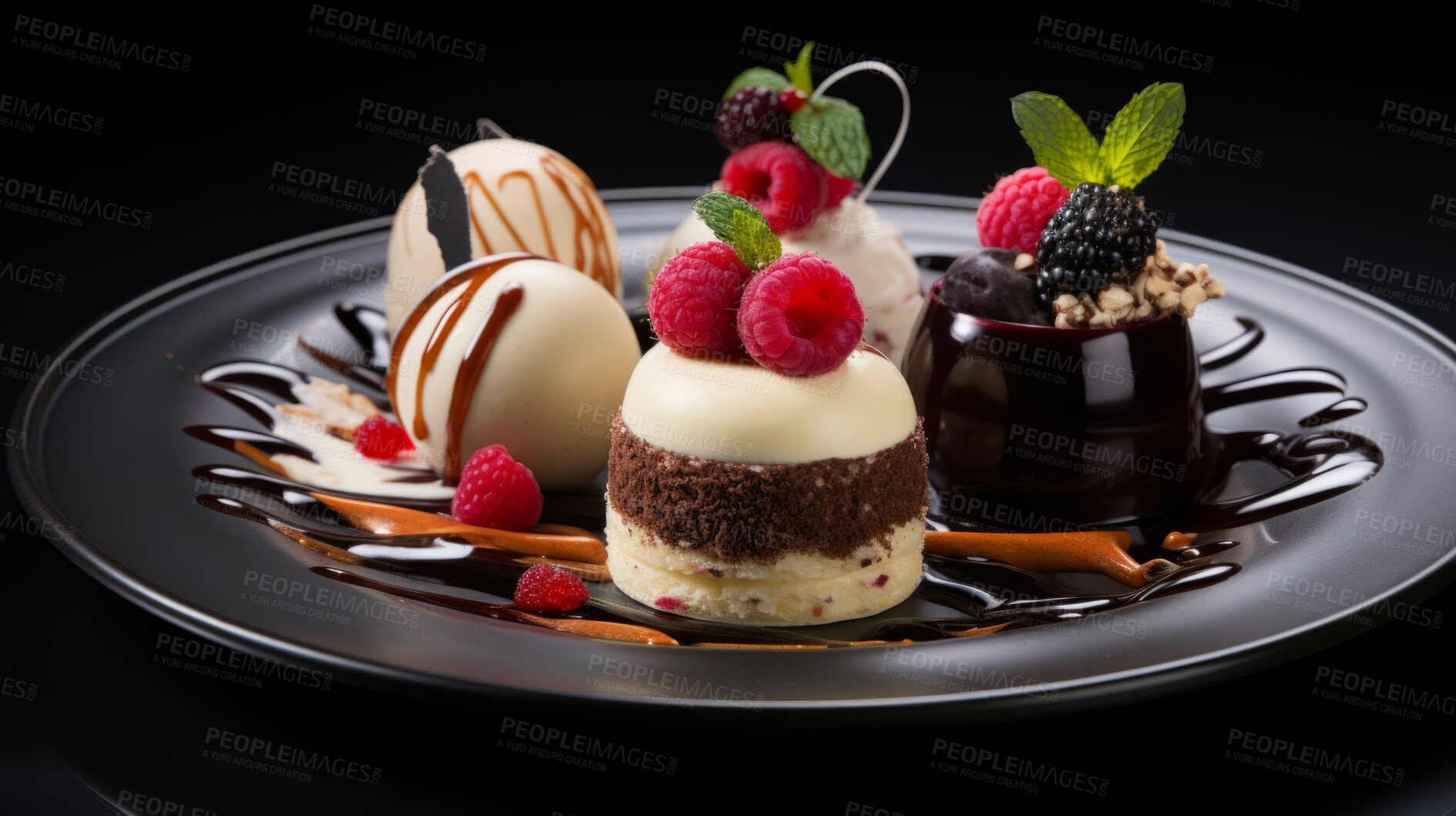 Buy stock photo Various, birthday and desserts with colourful and fruit toppings for celebration, party or event. Sweet, delicious and tasty pastries with sauce and berries for food photography on a black background