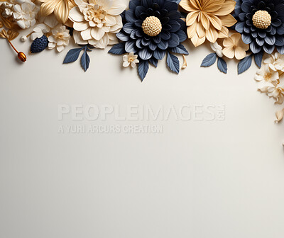 Flowers, petals and bouquet on a cream background for decoration, creativity or art with fresh and colorful plant bunch. Creative, still life and concept, floral arrangement in a studio for mockup.