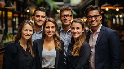 Portrait, diversity and smile of business people in cafe, confident collaboration and corporate management. Group, professional teamwork and face of happy staff, commitment and global solidarity