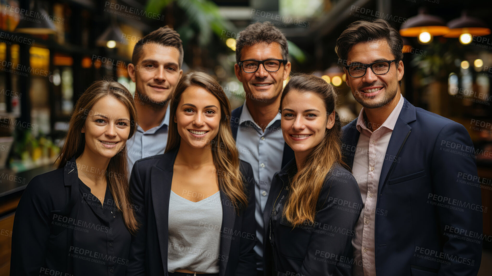 Buy stock photo Portrait, diversity and smile of business people in cafe, confident collaboration and corporate management. Group, professional teamwork and face of happy staff, commitment and global solidarity