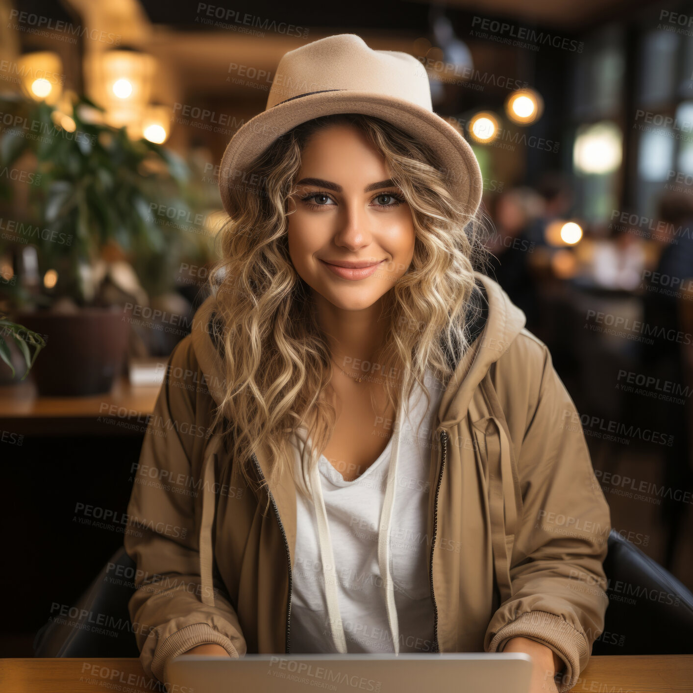 Buy stock photo Woman and student with a laptop, cafe and typing with a smile, connection and online reading. Face, female person or girl in a restaurant, pc or technology with education, email and university.