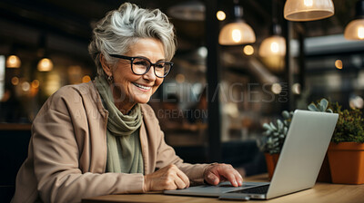 Portrait, woman and mature with a laptop, looking and smiling. Entrepreneur, freelance and business. Restaurant, cafe and online.