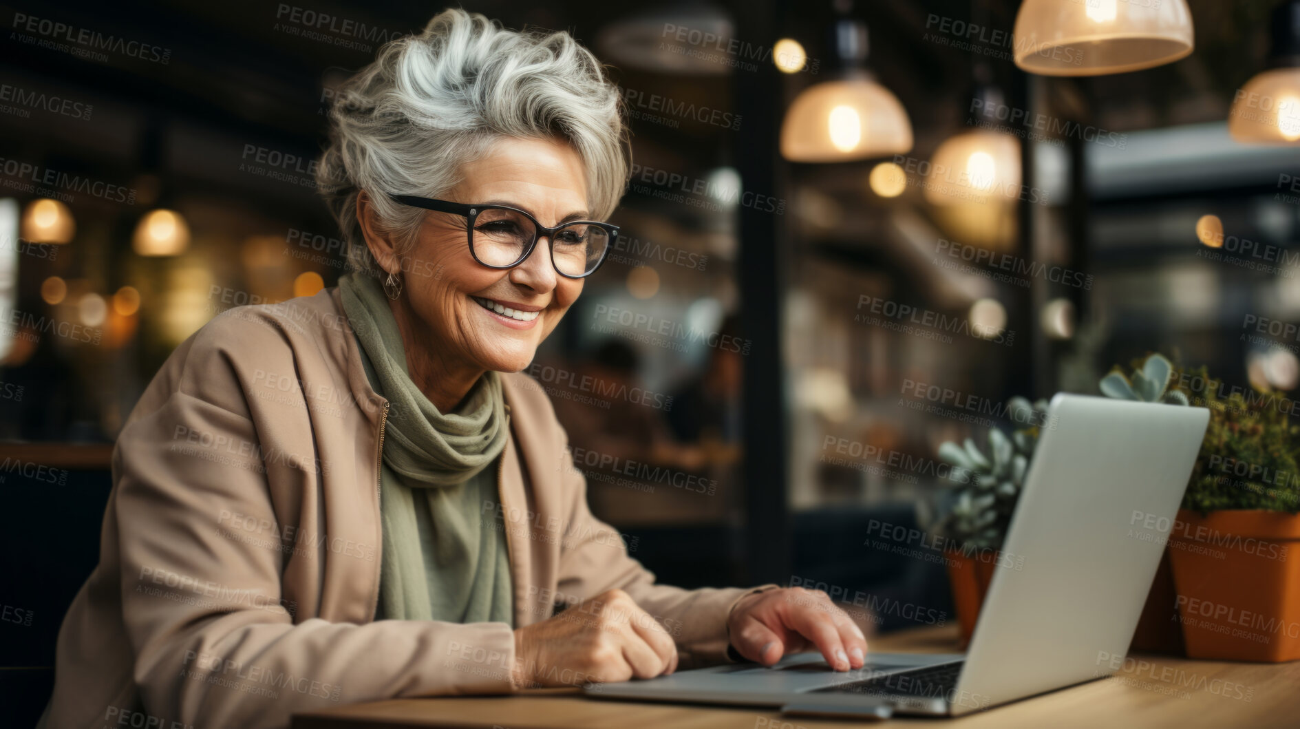 Buy stock photo Portrait, woman and mature with a laptop, looking and smiling. Entrepreneur, freelance and business. Restaurant, cafe and online.