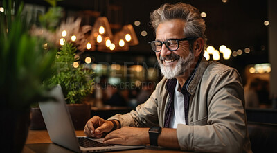 Portrait, man and Business person with laptop, cafe and typing. Sitting, typing and online reading. Face, male or leader in a restaurant, pc or technology with education, email and freelancer.