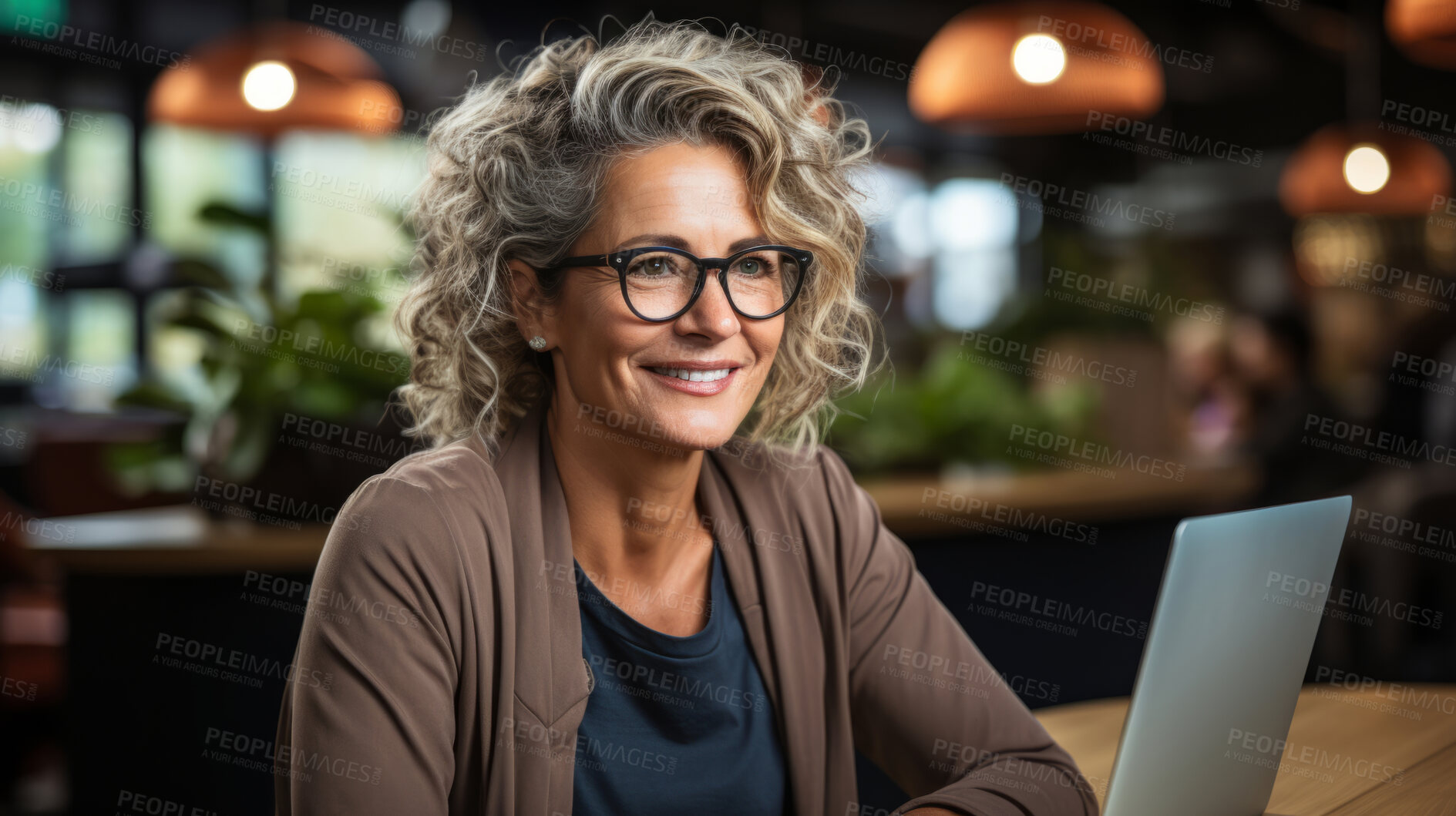 Buy stock photo Portrait, woman and mature with a laptop, looking and smiling. Entrepreneur, freelance and business. Restaurant, cafe and online.