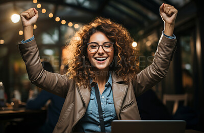 Happy, excited and success business woman celebrating with laptop in cafe, winning and cheering for achievement while shouting in restaurant. Corporate and professional worker receiving good news.