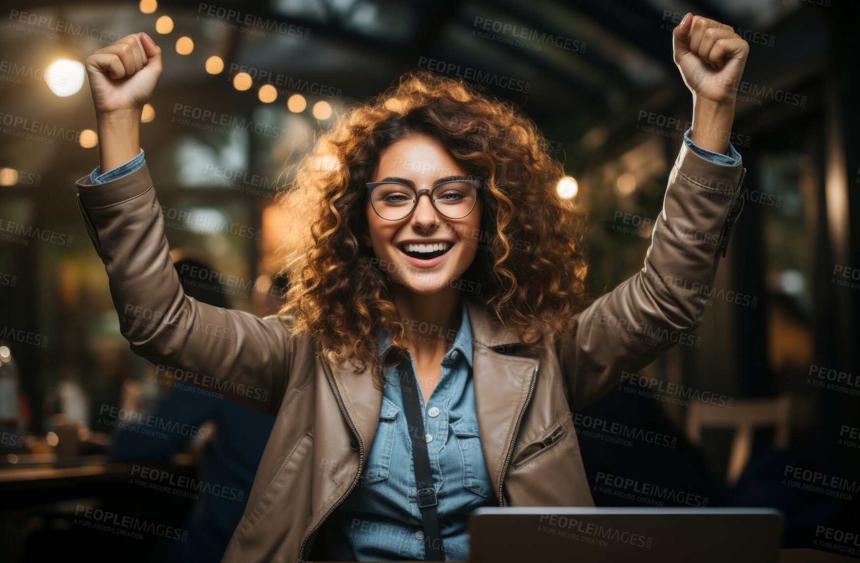 Buy stock photo Happy, excited and success business woman celebrating with laptop in cafe, winning and cheering for achievement while shouting in restaurant. Corporate and professional worker receiving good news.