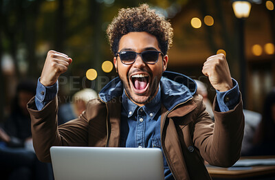 Happy, excited and success, casual business man celebrating with laptop in cafe, winning and cheering for achievement shouting in restaurant. Freelance and professional worker receiving good news.