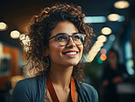 Portrait, woman and student in office, business and building. Smiling, face and female. Person, girl or leader. Working, employee and creative in corporate workplace.