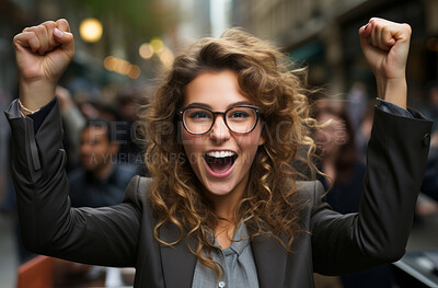 Happy, excited and success business woman celebrating in street, winning and cheering for achievement while shouting in urban area. Corporate and professional worker receiving good news.