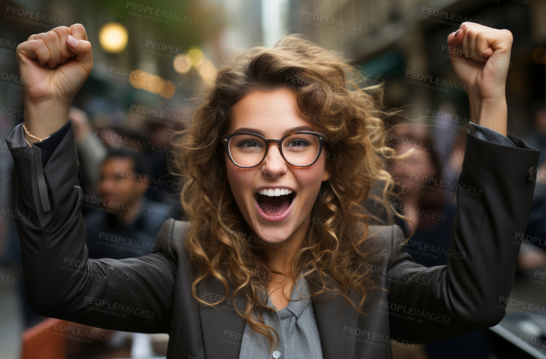 Buy stock photo Happy, excited and success business woman celebrating in street, winning and cheering for achievement while shouting in urban area. Corporate and professional worker receiving good news.