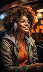 Portrait, woman and student with headphones, traveling and listening with smile, connection and online. Person, female or girl in taxi, smartphone or technology with education, email and university.