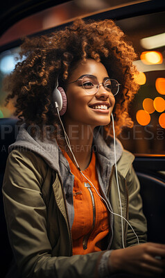 Portrait, woman and student with headphones, traveling and listening with smile, connection and online. Person, female or girl in taxi, smartphone or technology with education, email and university.