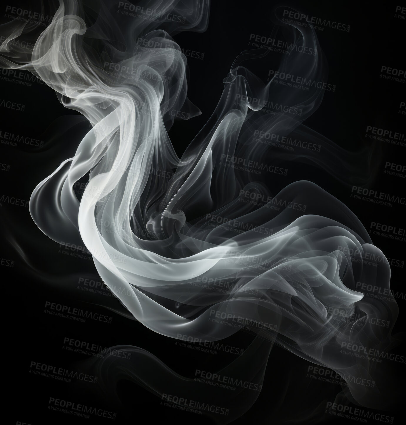 Buy stock photo Smoke, incense or gas in a studio with dark background by mockup space for magic effect with abstract. Fog, steam or vapor mist moving in air for cloud smog pattern by black backdrop with banner.