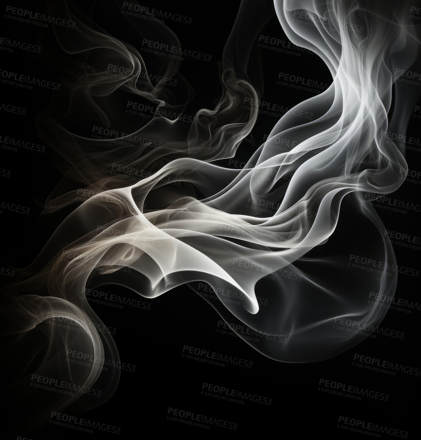 Buy stock photo Smoke, incense or gas in a studio with dark background by mockup space for magic effect with abstract. Fog, steam or vapor mist moving in air for cloud smog pattern by black backdrop with banner.