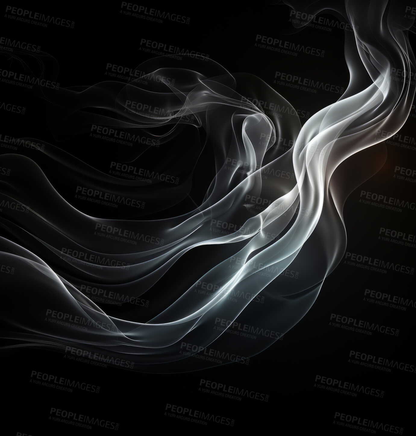 Buy stock photo Smoke, incense or gas in a studio with dark background by mockup space for magic effect with abstract. Fog, steam or vapor mist moving in air for cloud smog pattern by black backdrop with banner.