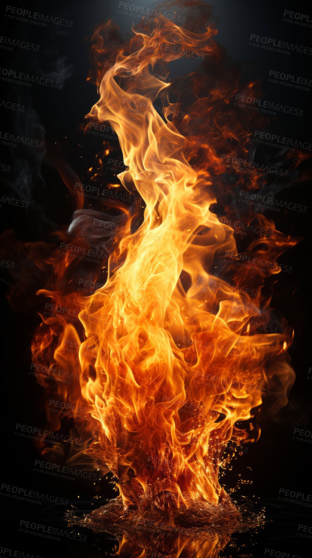 Buy stock photo Flame, fire and blaze in a studio with dark background by mockup space for orange explosion in abstract. Burning, heat and pattern movement for fireplace, barbecue and hot danger by black backdrop