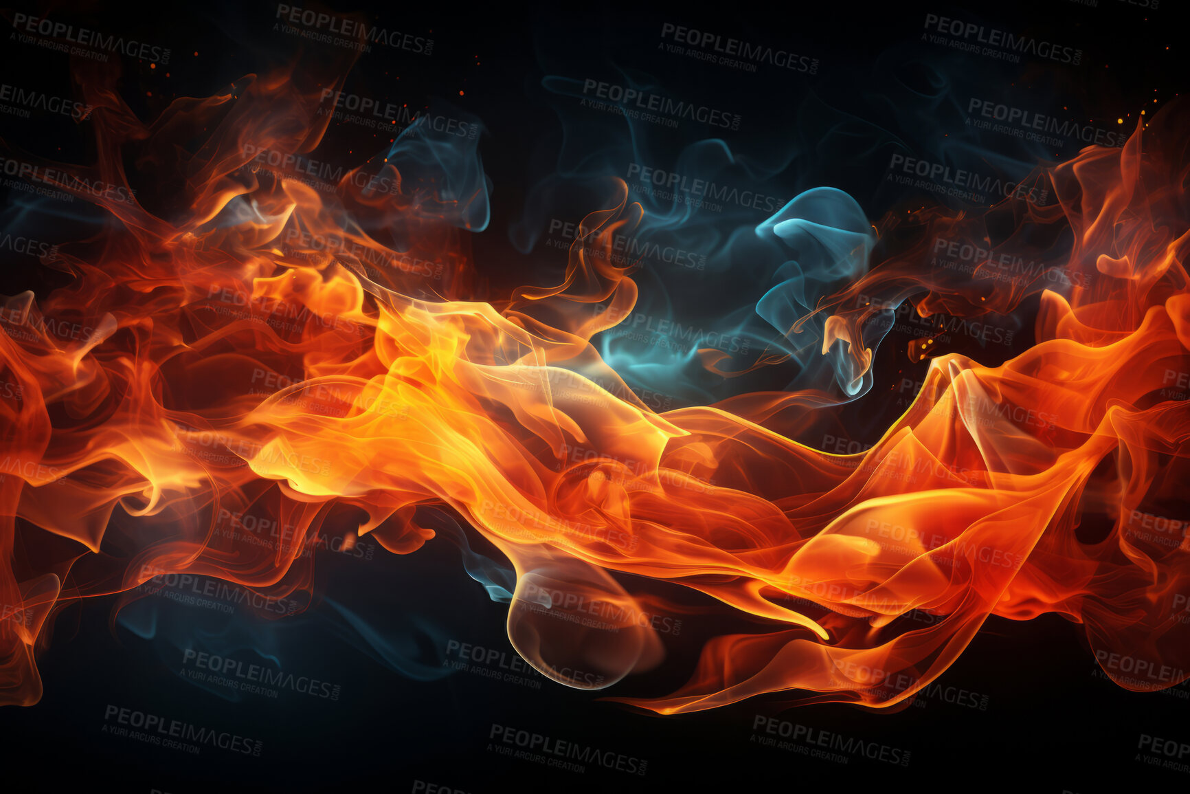 Buy stock photo Flame, fire and blaze in a studio with dark background by mockup space for orange explosion in abstract. Burning, heat and pattern movement for fireplace, barbecue and hot danger by black backdrop