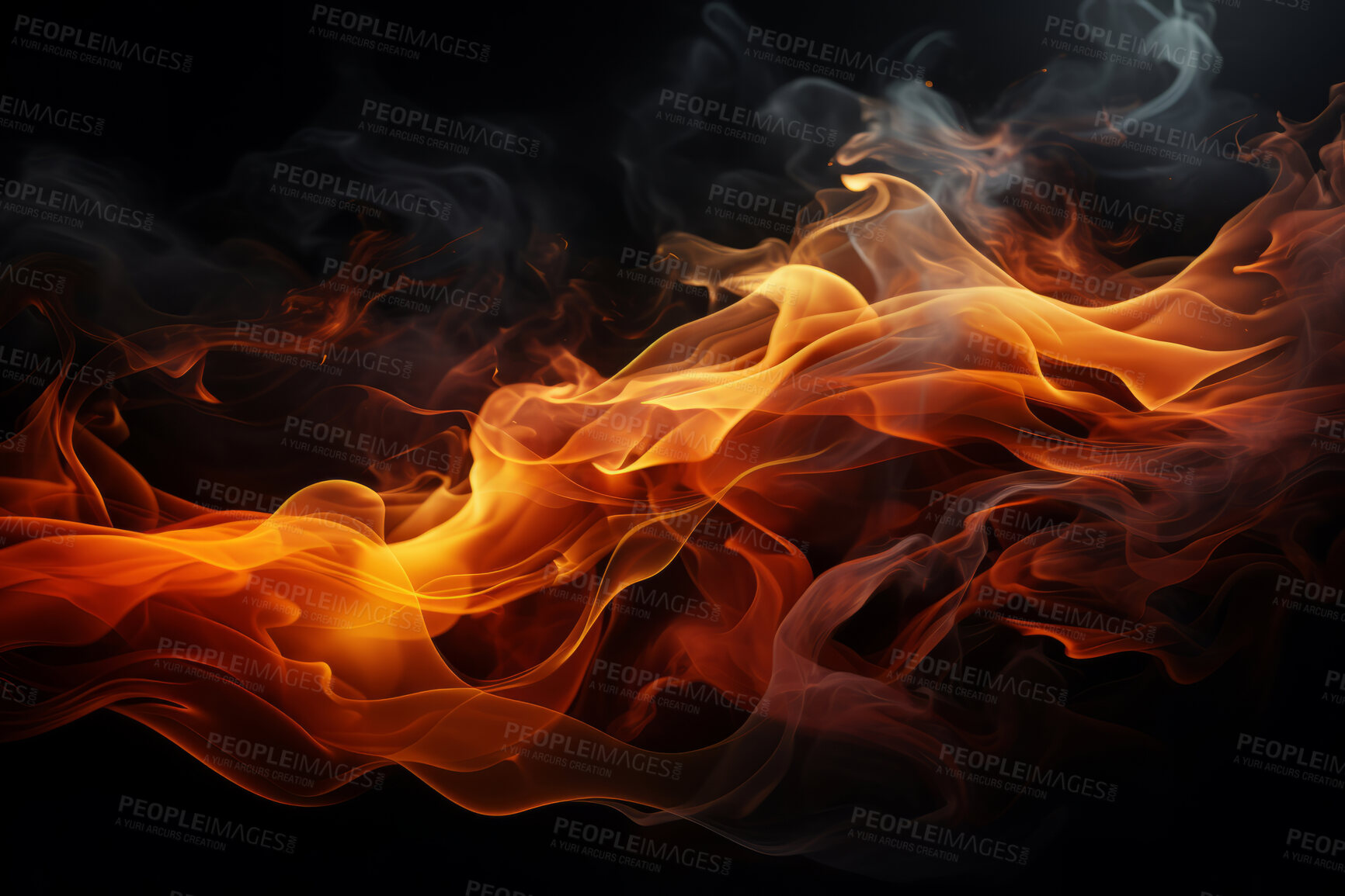 Buy stock photo Flame, fire and blaze in a studio with dark background by mockup space for orange explosion in abstract. Burning, heat and pattern movement for fireplace, barbecue and hot danger by black backdrop