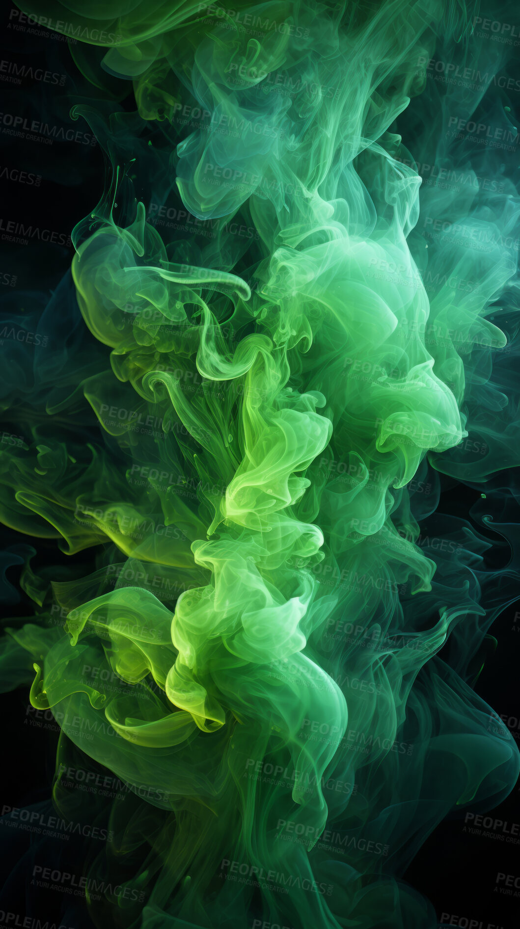 Buy stock photo Colourful smoke, incense or gas in a studio with dark background by mockup space for magic effect with abstract. Fog, steam or vapor mist moving in air for cloud smog pattern by black backdrop with banner.