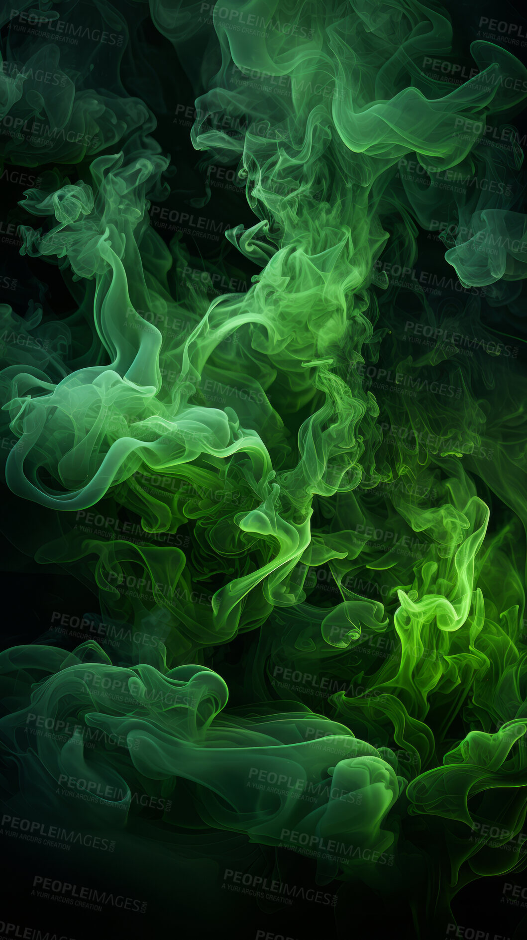 Buy stock photo Colourful smoke, incense or gas in a studio with dark background by mockup space for magic effect with abstract. Fog, steam or vapor mist moving in air for cloud smog pattern by black backdrop with banner.