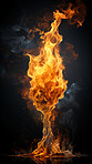 Flame, fire and blaze in a studio with dark background by mockup space for orange explosion in abstract. Burning, heat and pattern movement for fireplace, barbecue and hot danger by black backdrop.