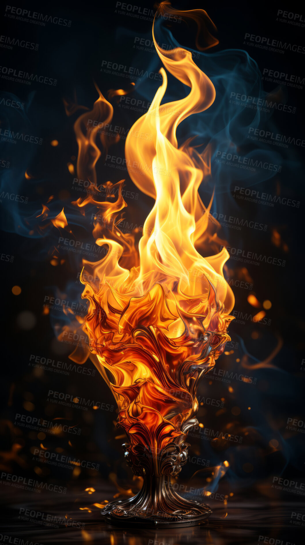 Buy stock photo Flame, fire and blaze in a studio with dark background by mockup space for orange explosion in abstract. Burning, heat and pattern movement for fireplace, barbecue and hot danger by black backdrop.