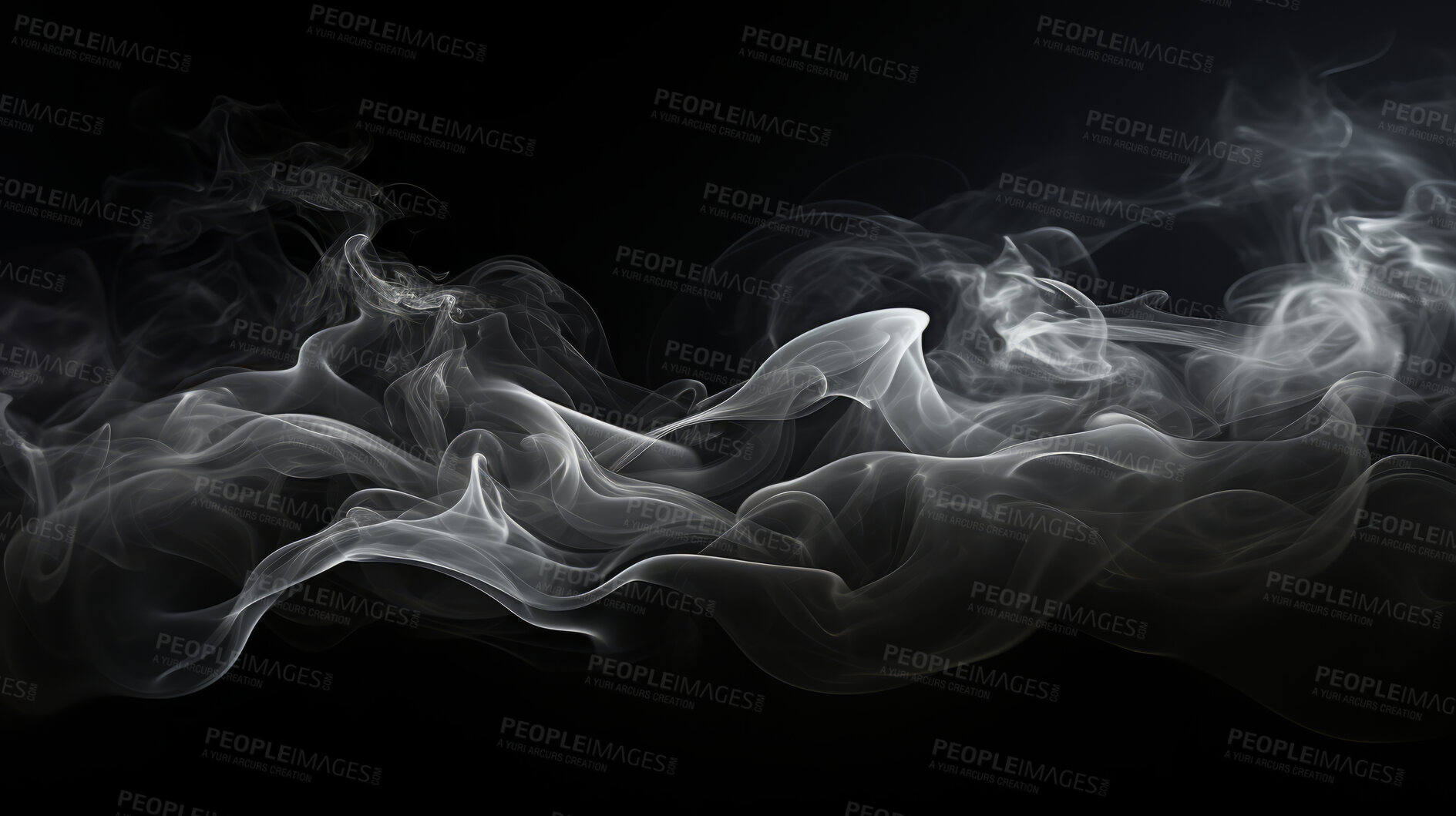 Buy stock photo Abstract smoke, black background and mockup space with gloomy fog, creative art and magic effect. Vapor, dry ice or mystical swirl with special effects in studio, gas or smog with white puff by steam.
