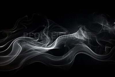 Buy stock photo Smoke, incense or gas in a studio with dark background by mockup space for magic effect with abstract. Fog, steam or vapor mist moving in air for cloud smog pattern by black backdrop with banner.