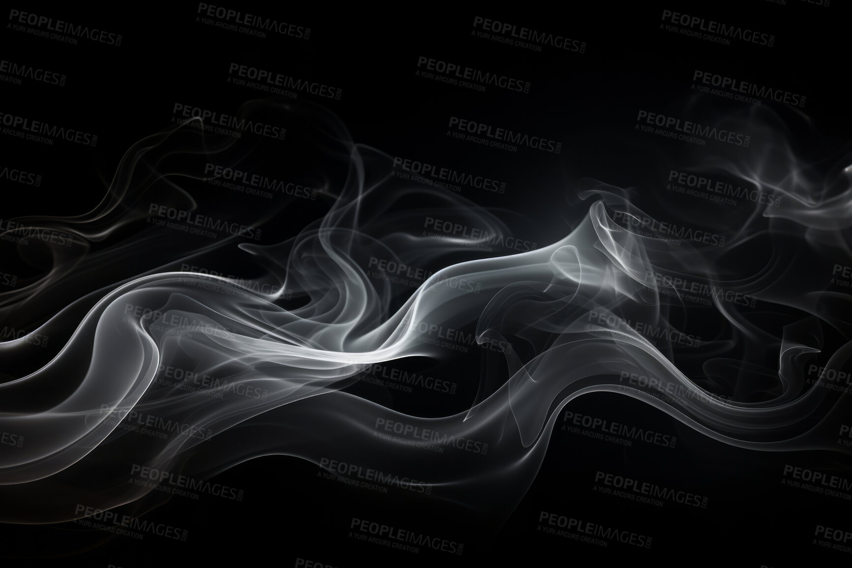 Buy stock photo Smoke, incense or gas in a studio with dark background by mockup space for magic effect with abstract. Fog, steam or vapor mist moving in air for cloud smog pattern by black backdrop with banner.