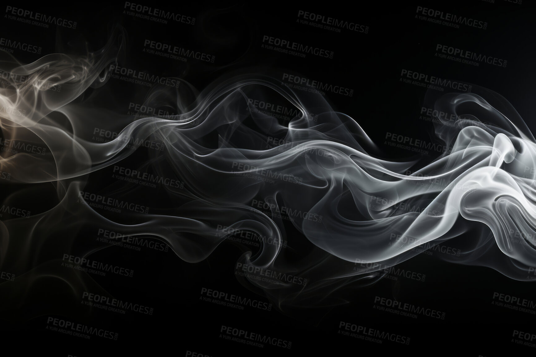 Buy stock photo Smoke, incense or gas in a studio with dark background by mockup space for magic effect with abstract. Fog, steam or vapor mist moving in air for cloud smog pattern by black backdrop with banner.