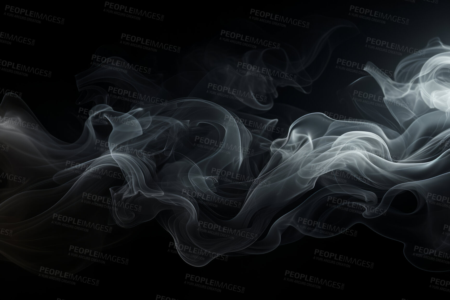 Buy stock photo Smoke, incense or gas in a studio with dark background by mockup space for magic effect with abstract. Fog, steam or vapor mist moving in air for cloud smog pattern by black backdrop with banner.