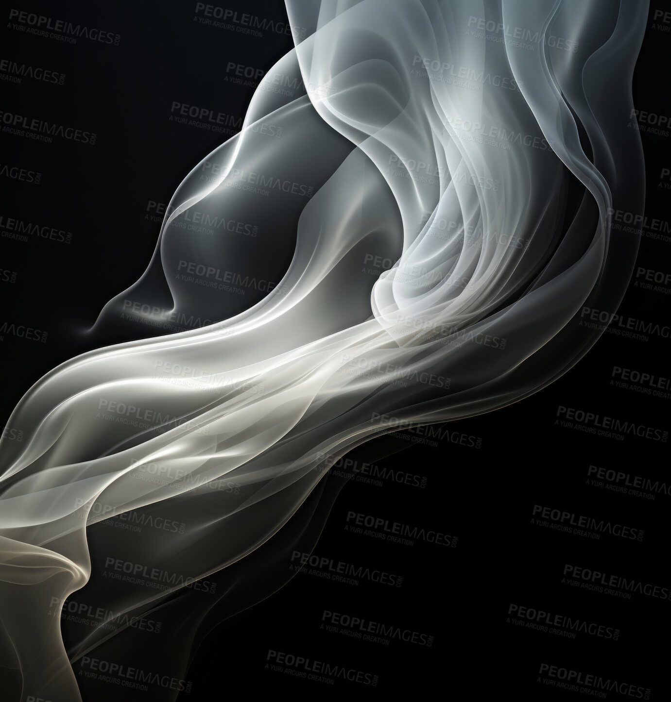 Buy stock photo Smoke, incense or gas in a studio with dark background by mockup space for magic effect with abstract. Fog, steam or vapor mist moving in air for cloud smog pattern by black backdrop with banner.