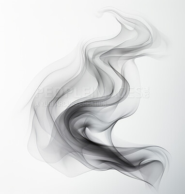 Black smoke, incense or gas in a studio with white background by mockup space for magic effect with abstract. Fog, steam or vapor mist moving in air for cloud smog pattern by light backdrop with banner.