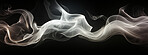 Smoke, incense or gas in a studio with dark background by mockup space for magic effect with abstract. Fog, steam or vapor mist moving in air for cloud smog pattern by black backdrop with banner.