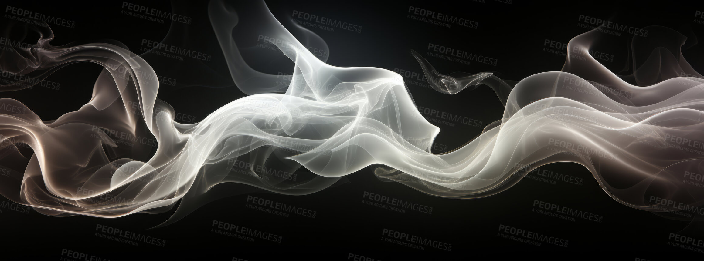 Buy stock photo Smoke, incense or gas in a studio with dark background by mockup space for magic effect with abstract. Fog, steam or vapor mist moving in air for cloud smog pattern by black backdrop with banner.