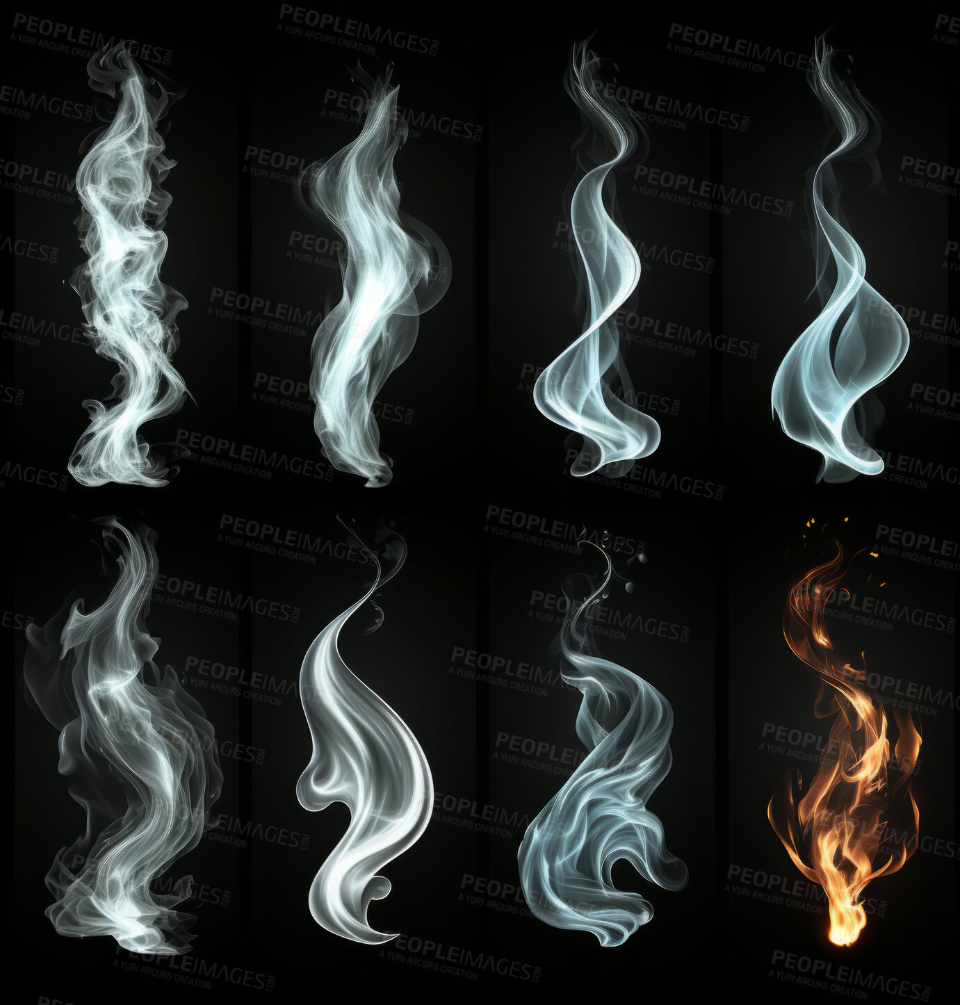 Buy stock photo Smoke, incense or gas in a studio with dark background by mockup space for magic effect with abstract. Fog, steam or vapor mist moving in air for cloud smog pattern by black backdrop with banner.