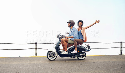 Buy stock photo Couple, scooter and road trip for fun, adventure and vacation or holiday, romance and date together. Happy people, freedom and bike in outdoors, travel and explore for tourism, trip and carefree